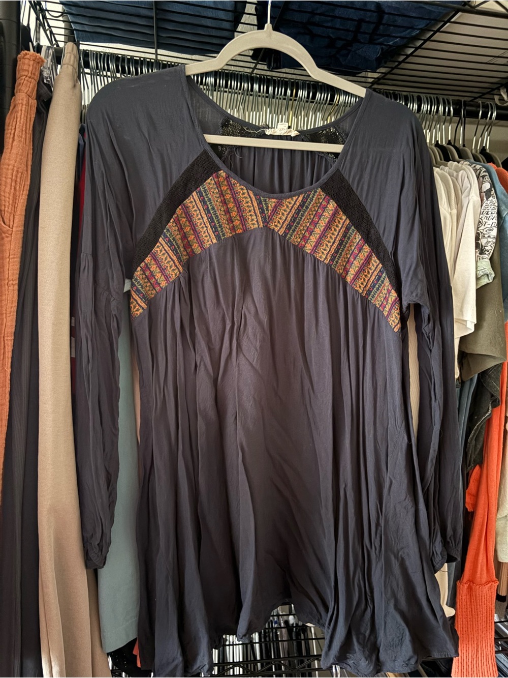 Womens Long Sleeve Navy Tunic D with Multicolor Embroidered Yoke
